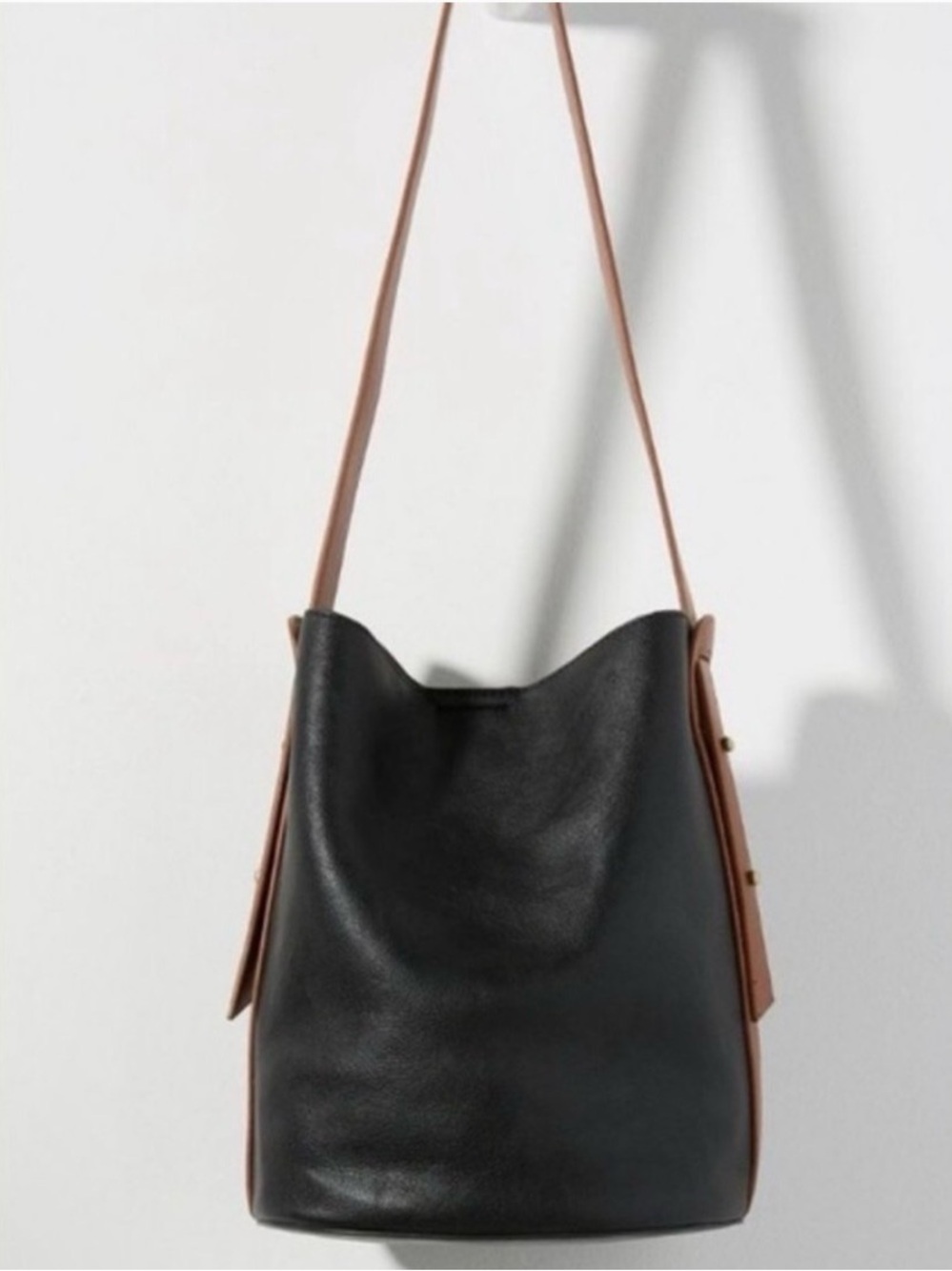 Anthropologie Black and Tan Leather Shoulder Bucket Bag